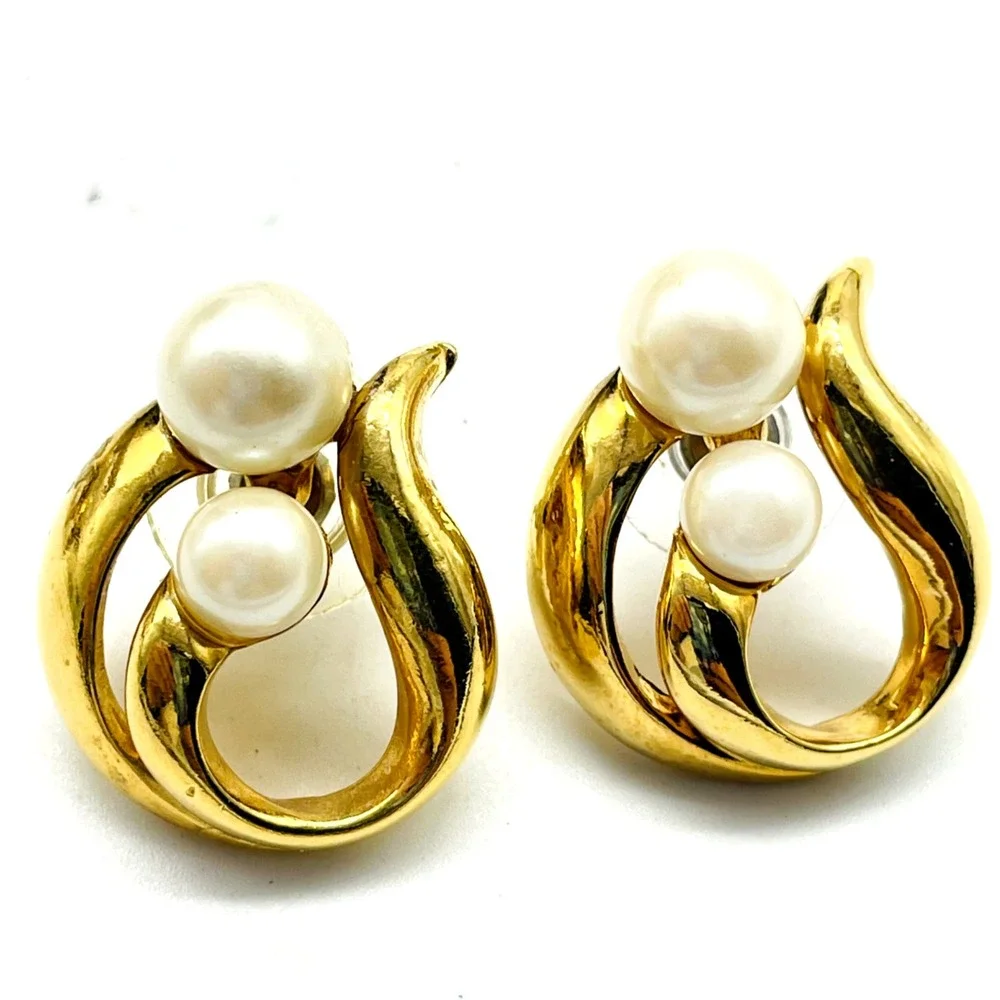 Vintage Avon Faux Pearl Gold Tone Swirl Pierced Earrings Statement Signed